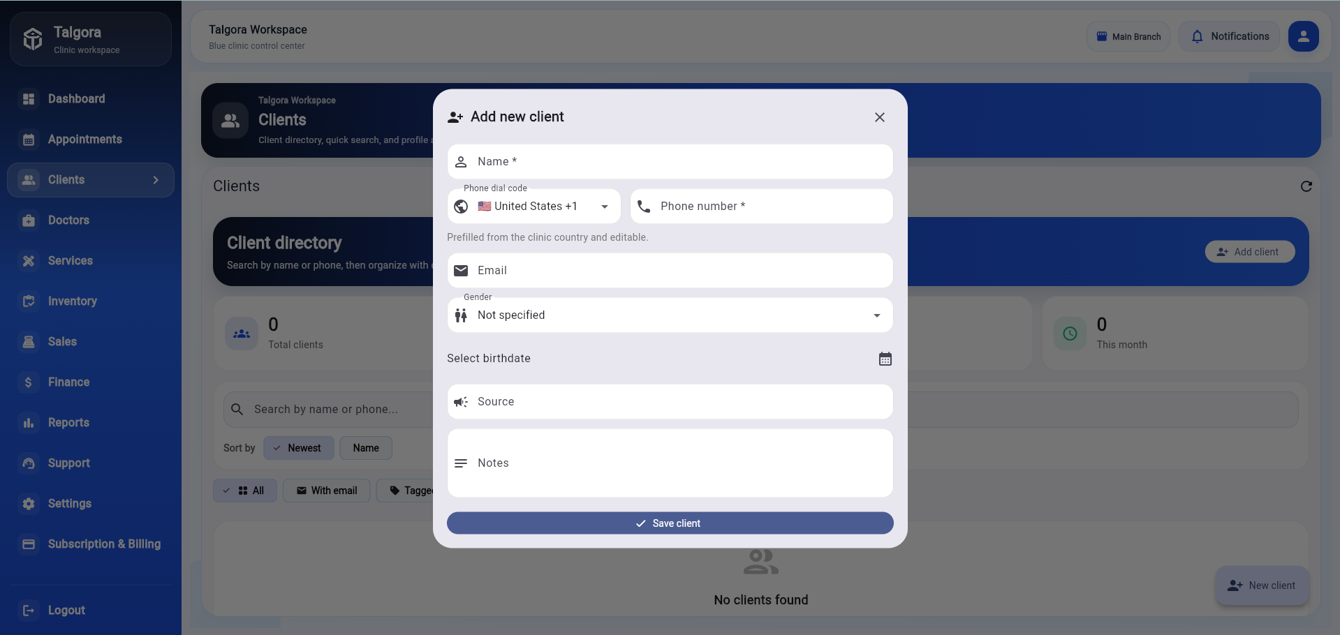 Talgora add client screen