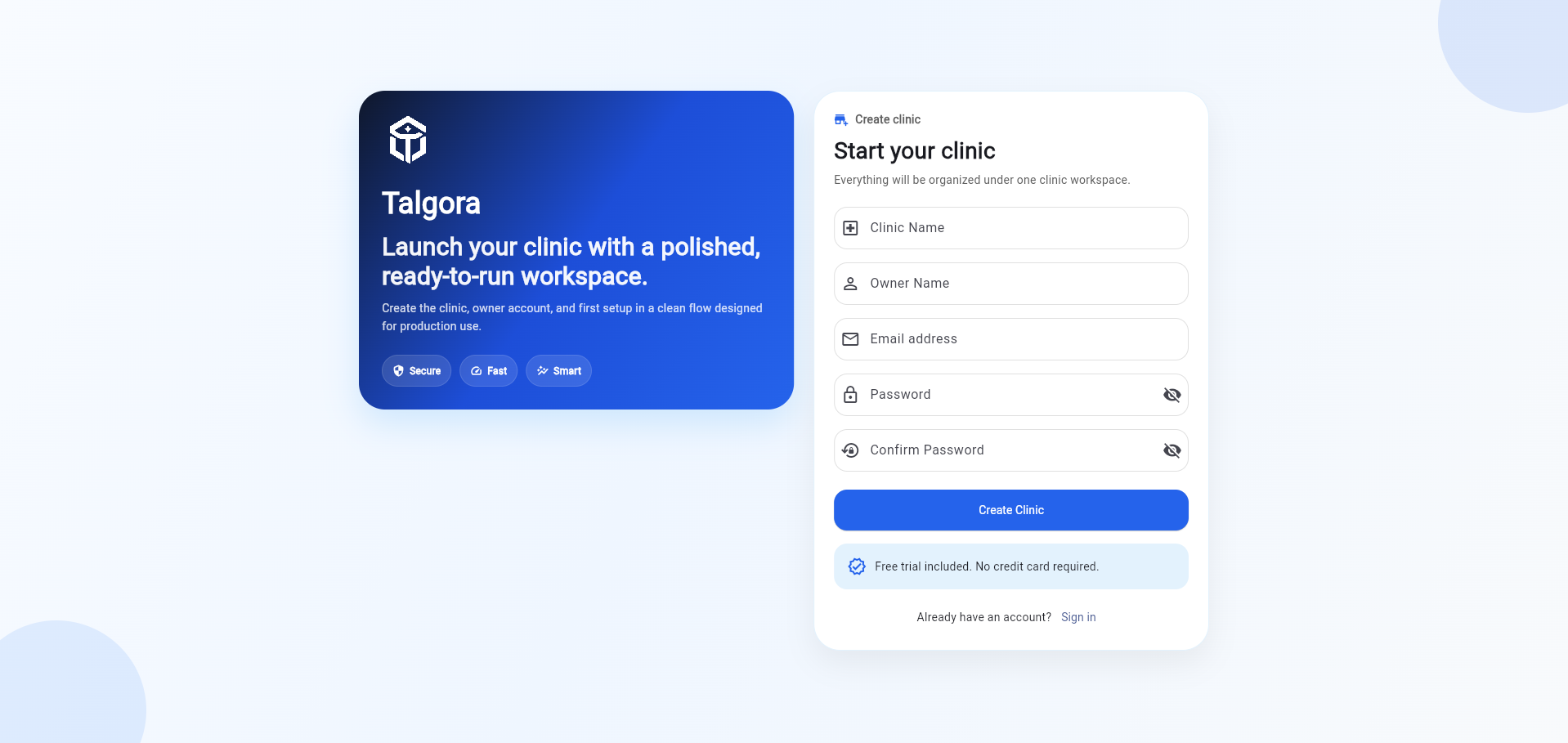 Talgora create clinic screen