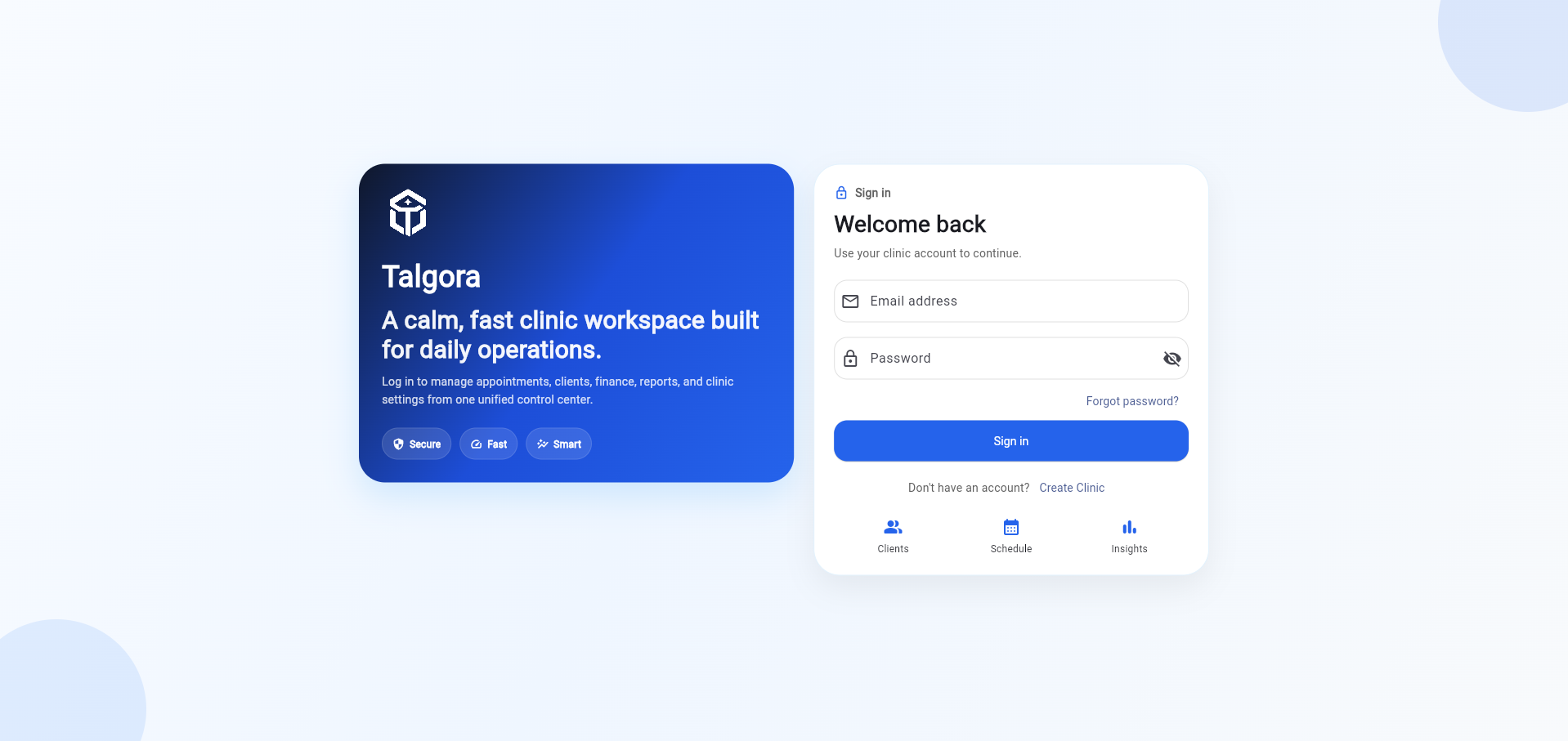 Talgora sign-in page with the Create Clinic option