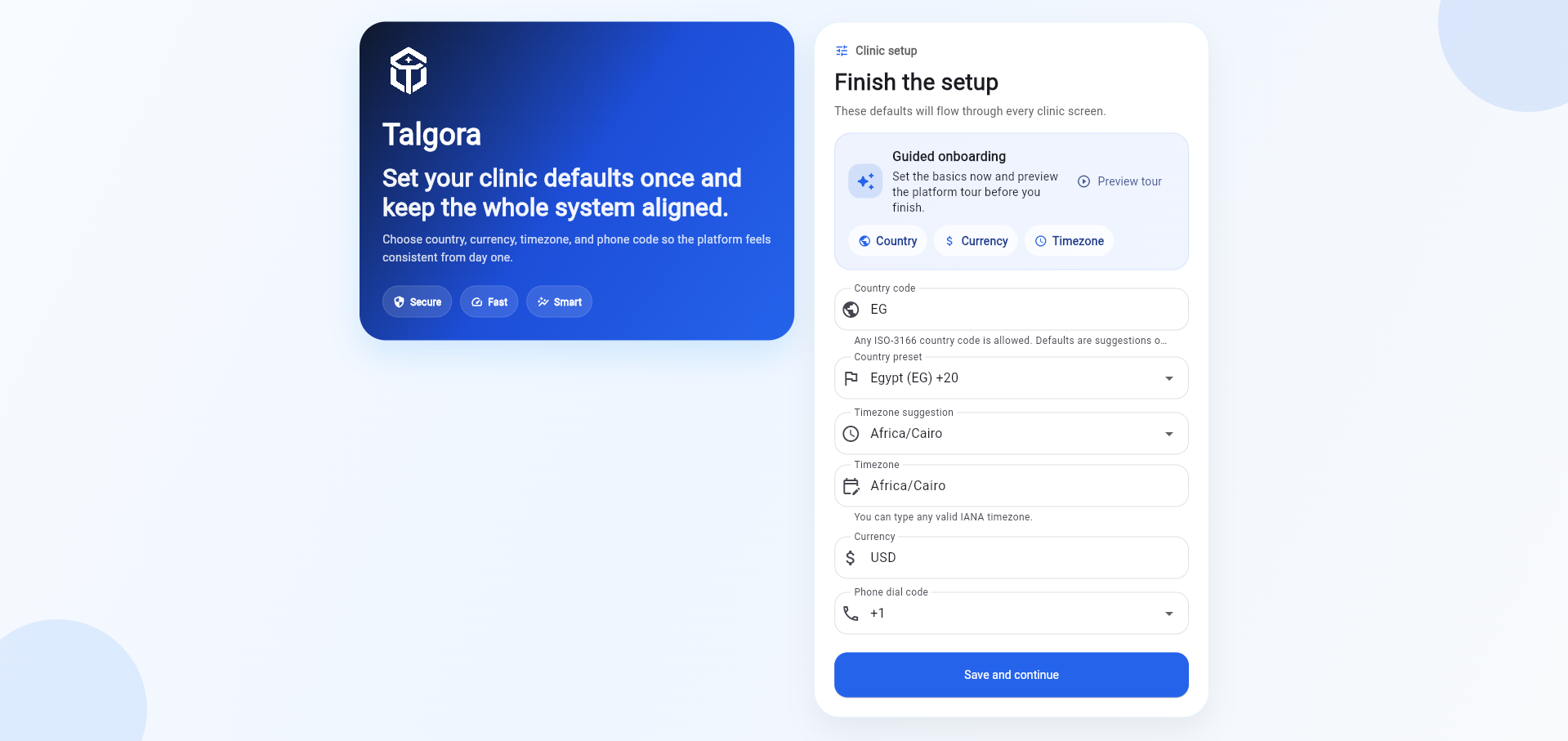 Talgora initial clinic onboarding settings